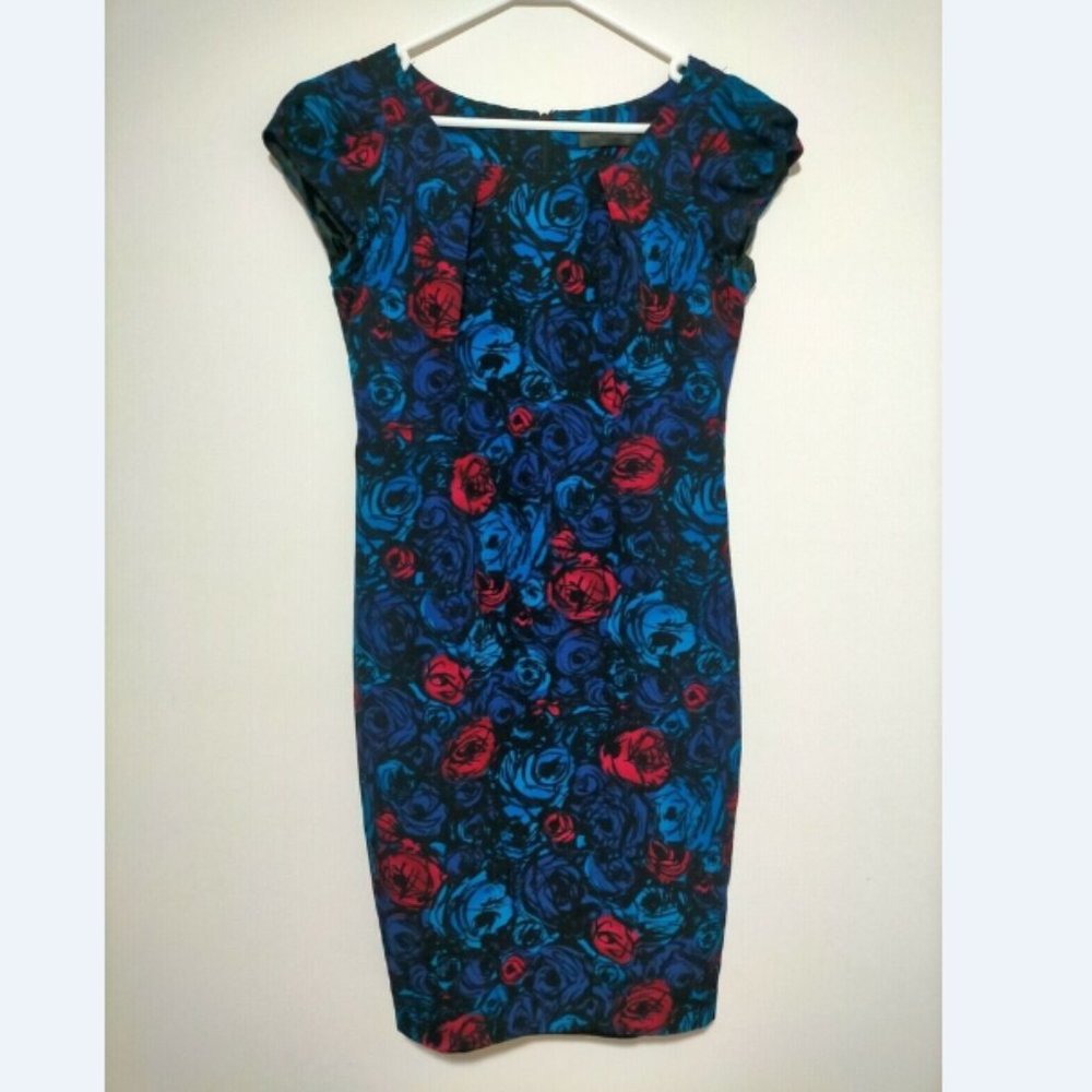 David Lawrence Blue Floral Pencil Dress Size 8 Cap Sleeve Lined Formal Corporate - Picture 1 of 5